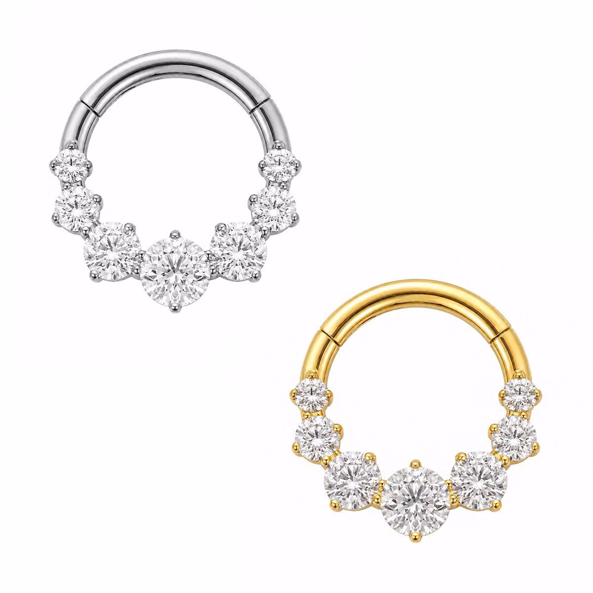 Argolas ornamentais prateada e dourada com cascata frontal de zircônias