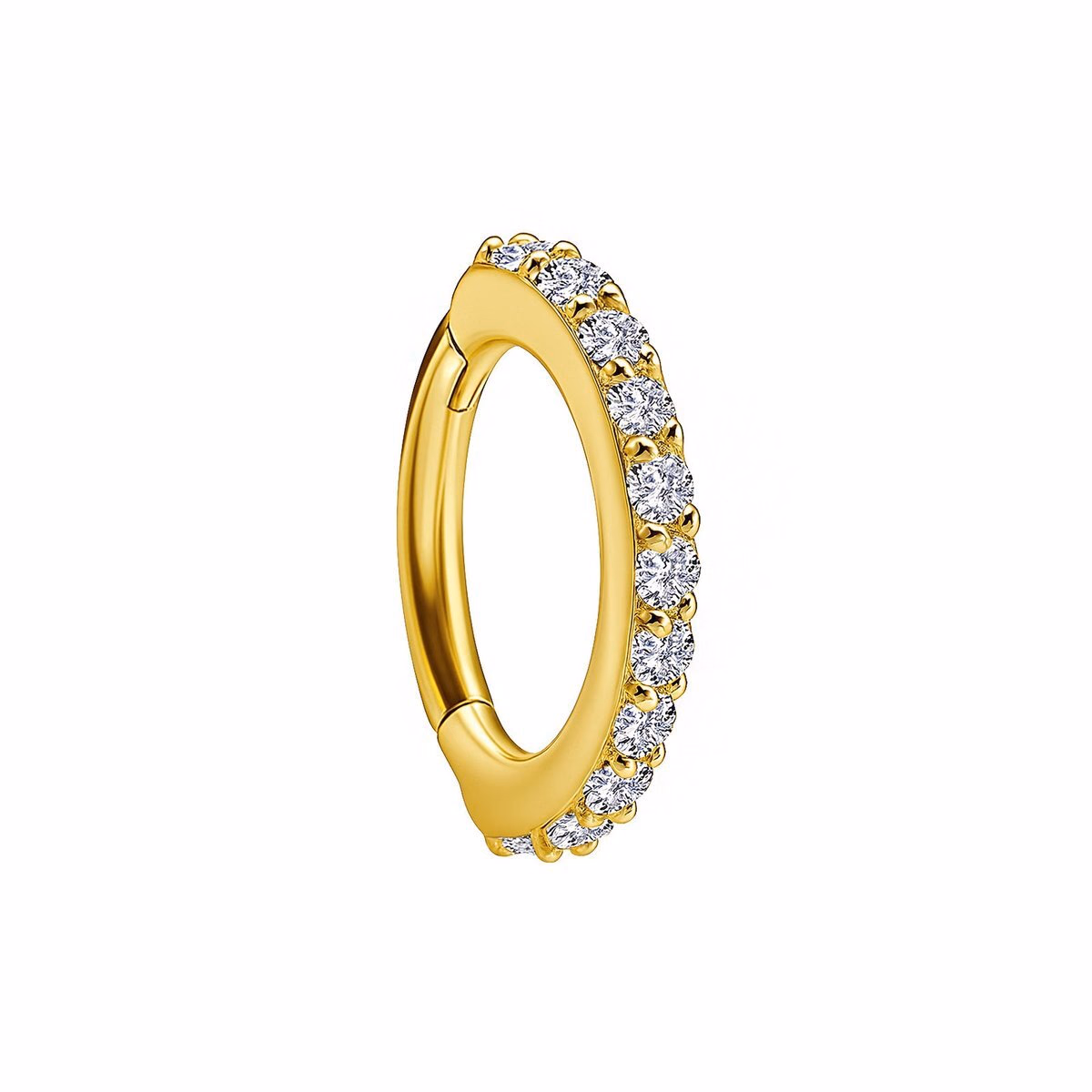 Argola clicker de ouro amarelo com fileira frontal de zircônias claras
