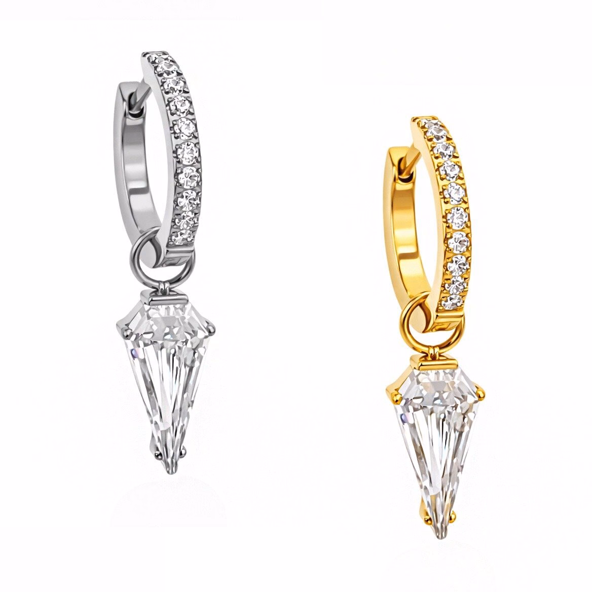 Argola clicker com fileira de zircônias e pingente em forma de gota, nas versões prateada e dourada
