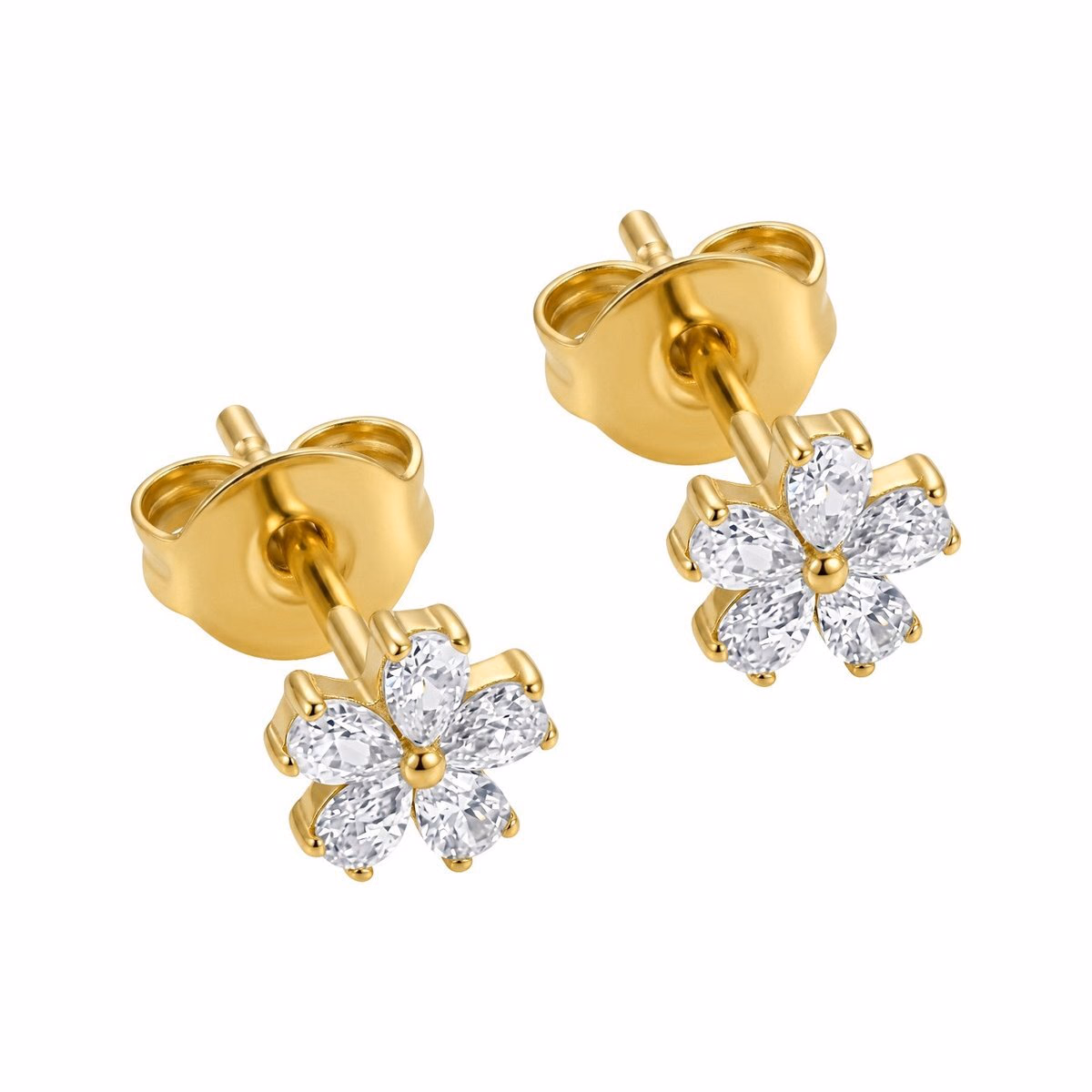 Par de brincos dourados em forma de flor com pétalas de zircônia