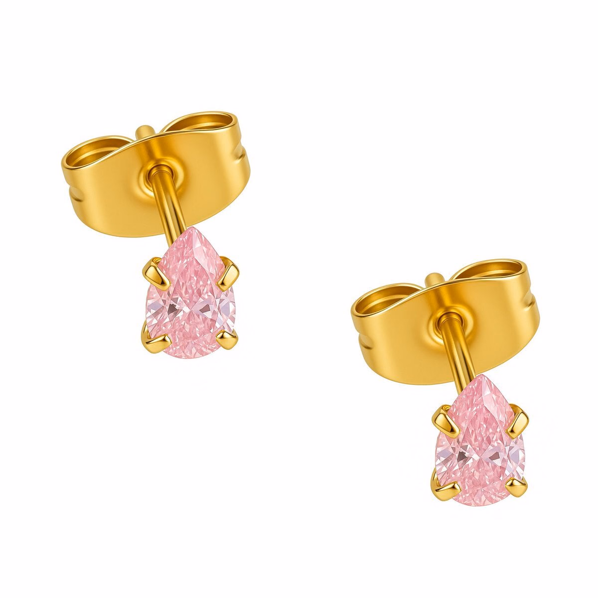 Par de brincos dourados em forma de gota com zircônias rosas