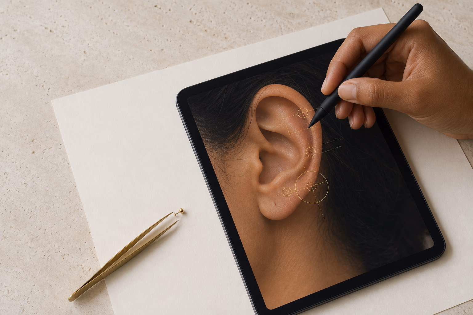 Mão usando uma caneta digital para planejar uma composição auricular em um tablet