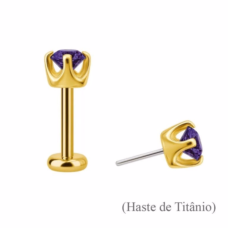 Topo de ouro amarelo 18K com ametista roxa e haste labret dourada de titânio