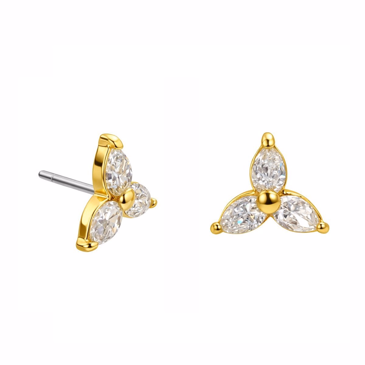 Topo de ouro amarelo em forma de flor com três zircônias claras