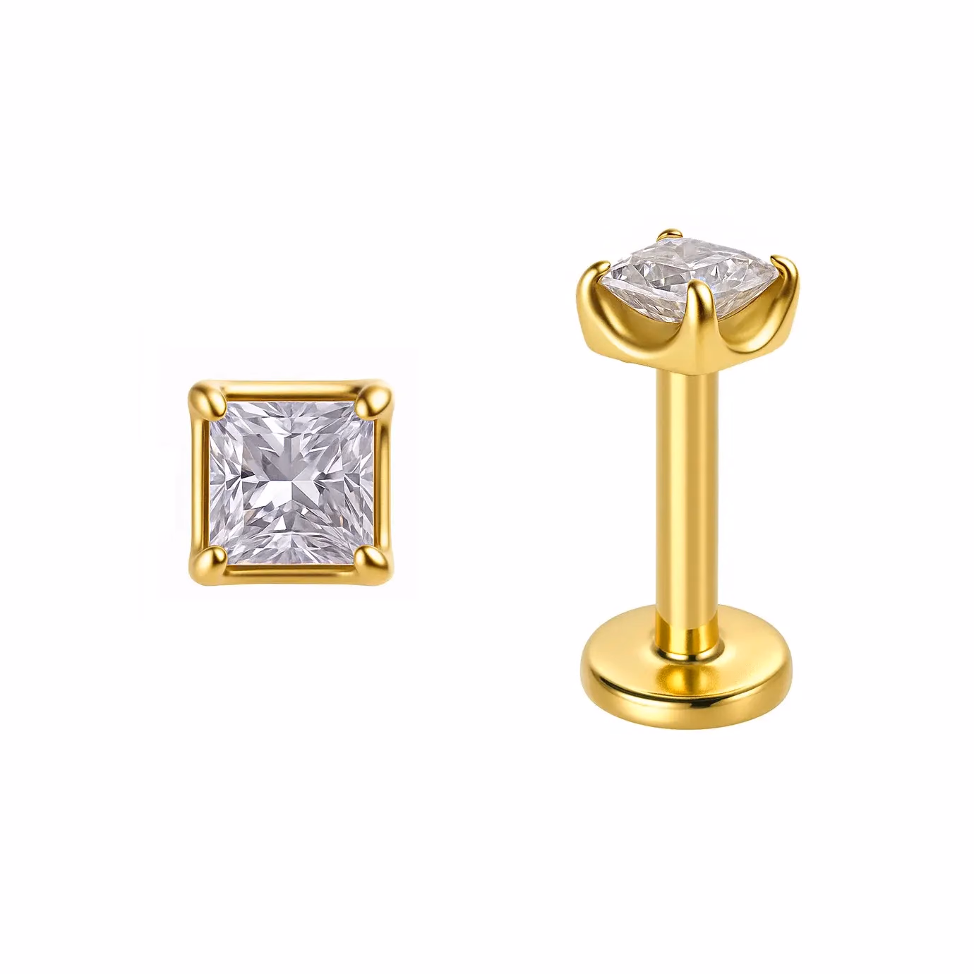 Topo quadrado de ouro amarelo com diamante claro e haste labret dourada